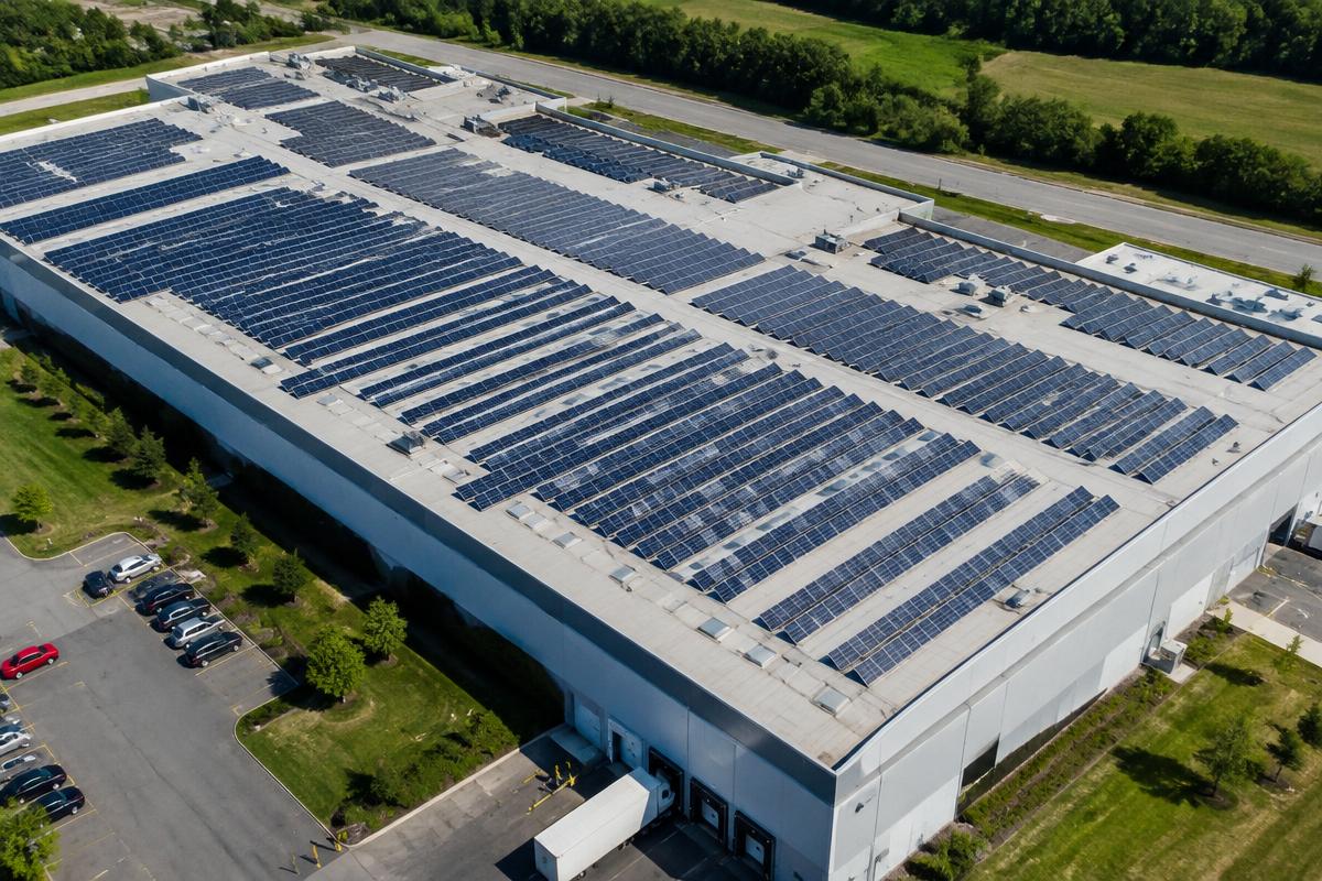 Large commercial rooftop covered with solar panels