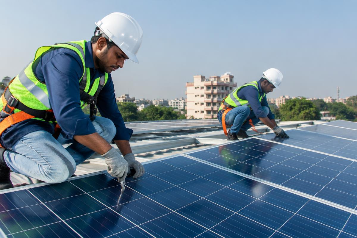 Professional technicians installing rooftop solar panels