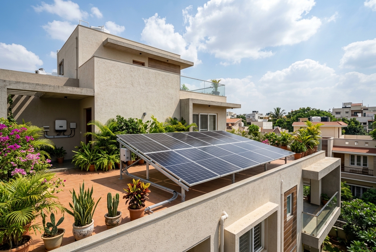 3.45 kW rooftop solar panel system installed on a residential terrace in India